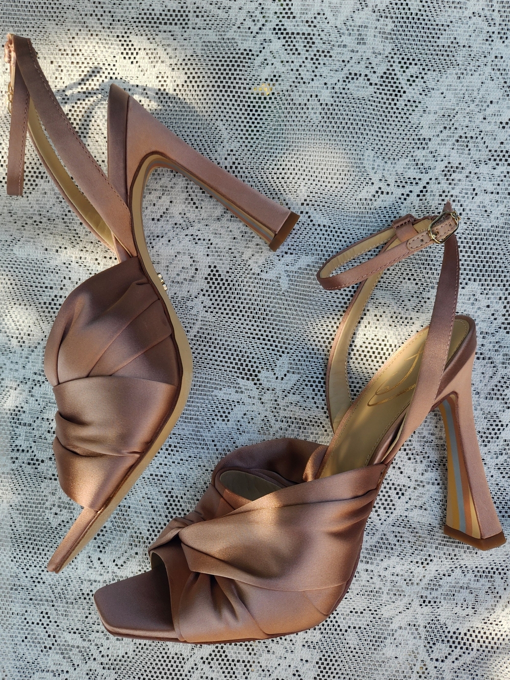 Sam Edelman Lavendar 7.5 Praline Rose Gold Satin Knot Front Ankle-Strap Heels - Picture 2 of 5